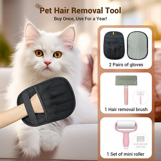 Pet Hair Removal Glove & Electrostatic Remover Set with Mini Lint Roller (180 Sheets) - Reusable Cleaning Tool for Sofa, Carpet, Cat Tree, Furniture, Car Seat and Clothes(3PCS)