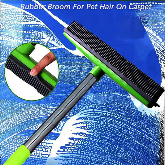 Pet Hair Rubber Broom, Rubber Broom for Pet Hair On Carpet, Pets Hairs Removal Broom with 49" Adjustable Handle, Soft Push Broom with Squeegee for Carpet, Hardwood Floor, Tile (E)