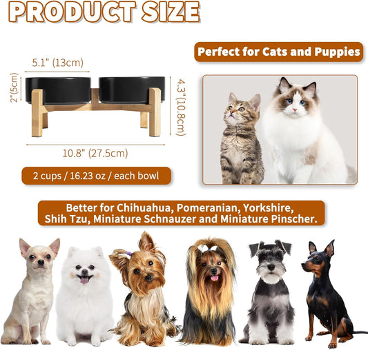 Elevated Ceramic Dog Bowl Set - Raised Dog Bowls with Non-Slip Bamboo Stand - Dog Food and Water Bowl Set - Double Dog Feeding Bowls - Suitable for Small and Medium Dogs - 28.74 OZ - 3.6 CUPS - 850 ML