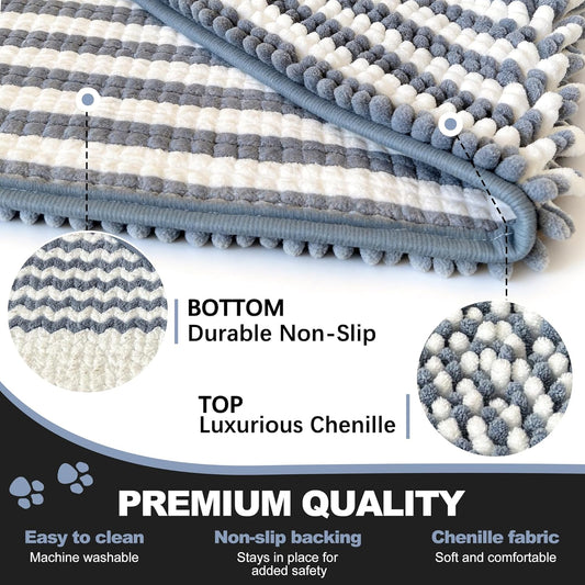 pobopobo Dog Door Mat for Muddy Paws - Absorbent & Washable Chenille Rug, Non-Slip Dirt Trapper for Indoor Outdoor Entryway, Quick Dry Pet Mat for Muddy Dogs (Striped Gray-Blue&White, 24" x 16")
