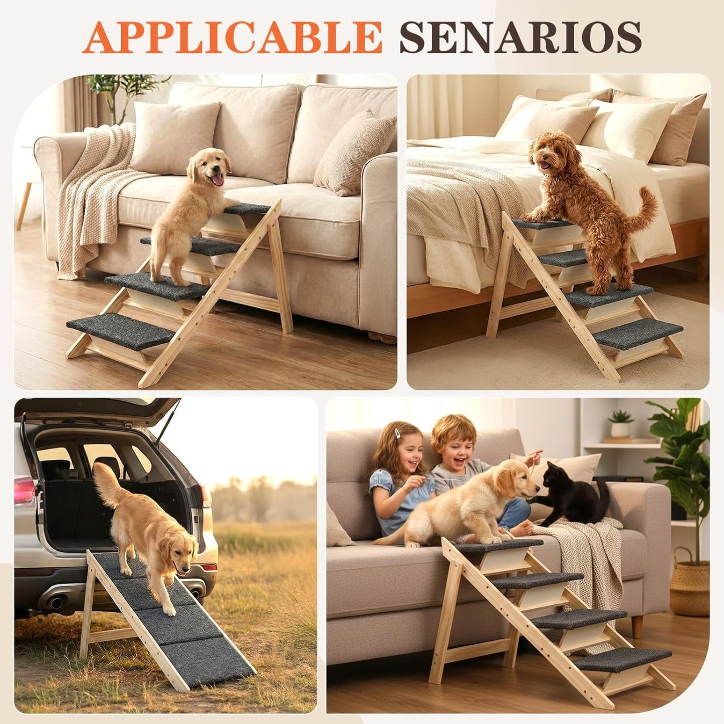 Dog Ramp, Durable Pet Stairs for High Beds, 2-in-1 Foldable Wooden Dog Steps for Couch and Car, Joint-Friendly Stairs for Senior Dogs, Non-Slip Carpeted Pet Steps with High-Weight Capacity