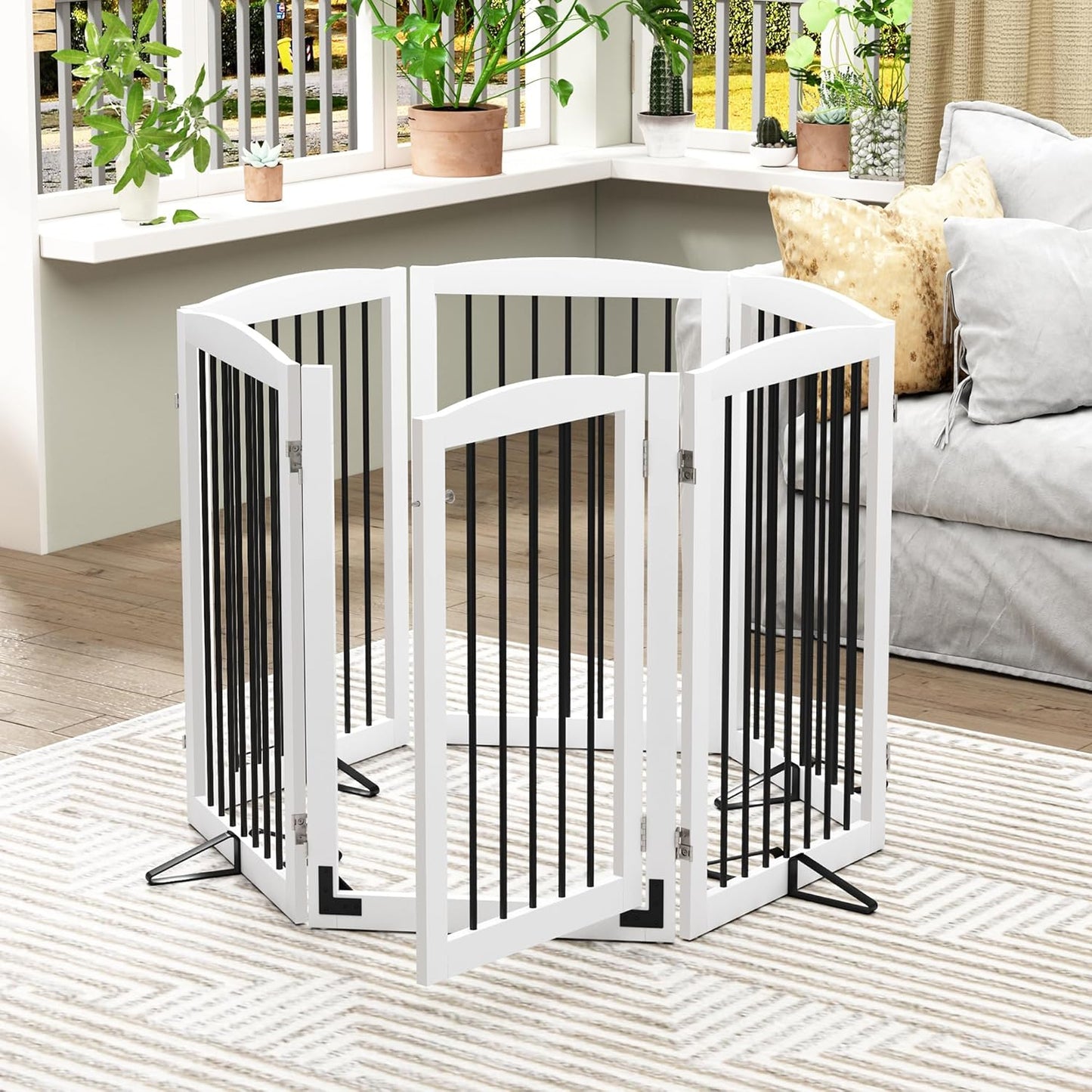 PUPETPO Freestanding Dog Gate with Door, Pet Gate for Stairs, 80 inch Wide Pet Barrier Indoor, Dog Fences Indoor, Support Feet Included, 4 Panels, 24" Tall, Dark Brown