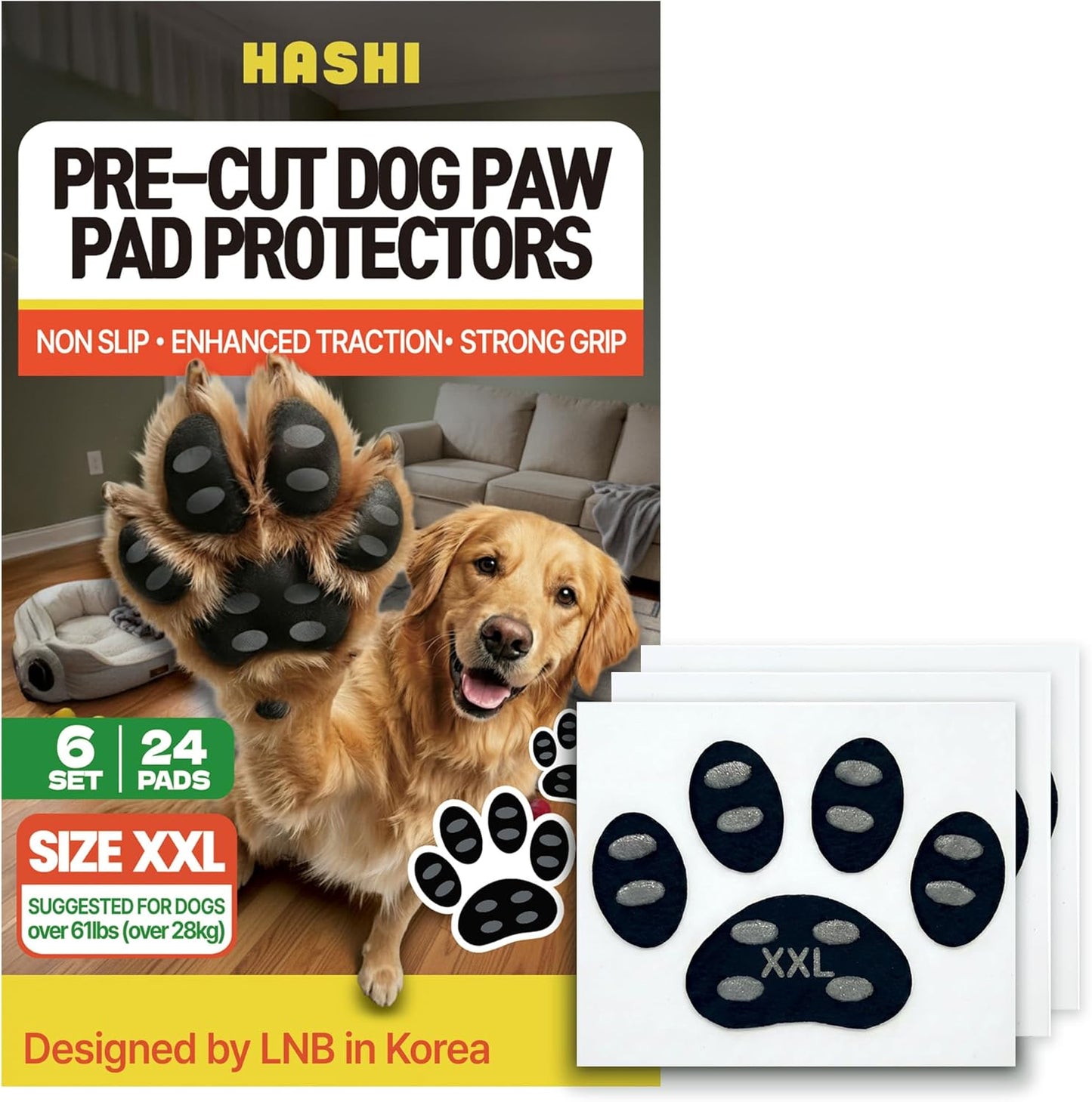 HASHI 24 Pcs Size XXL Pre-Cut Dog Paw Grips, Anti-Slip Traction Pads for Hardwood & Tile Floors, 6 Sets Self-Adhesive Pet Paw Protectors for Senior Dogs, Water-Resistant & Breathable