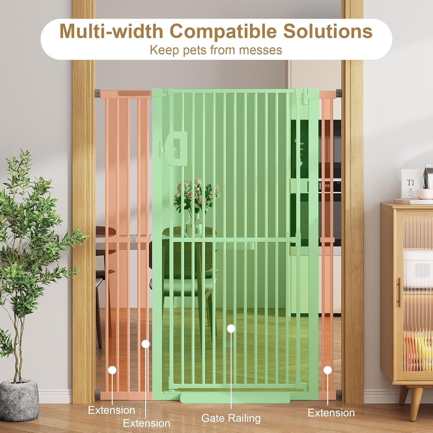 Jekriuet 57" Extra Tall Pet Gate, Auto Close Dog Door Pressure Mounted No Drilling for Doorways, Hallways, Stairs, Expandable 27.5"-38.5" Wide, Narrow 1.18" Spacing for Small Dogs & Puppies, Black