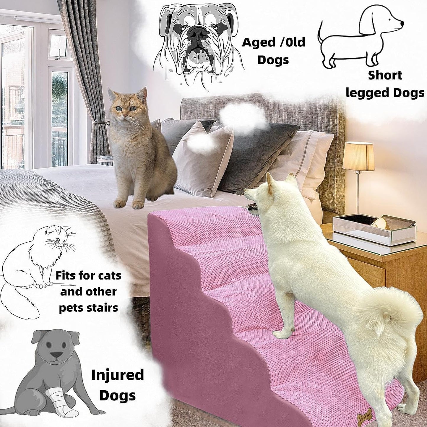 Necrely 4-Step Dog Stairs for High Beds 18-24 Inch Pet Steps 2 3 4 5 Tier Ladder Non-Slip Sturdy Ramp Small Medium Large Dog Steps to Couch Bed Old Dogs Balanced Pet Stairs for Getting on Bed
