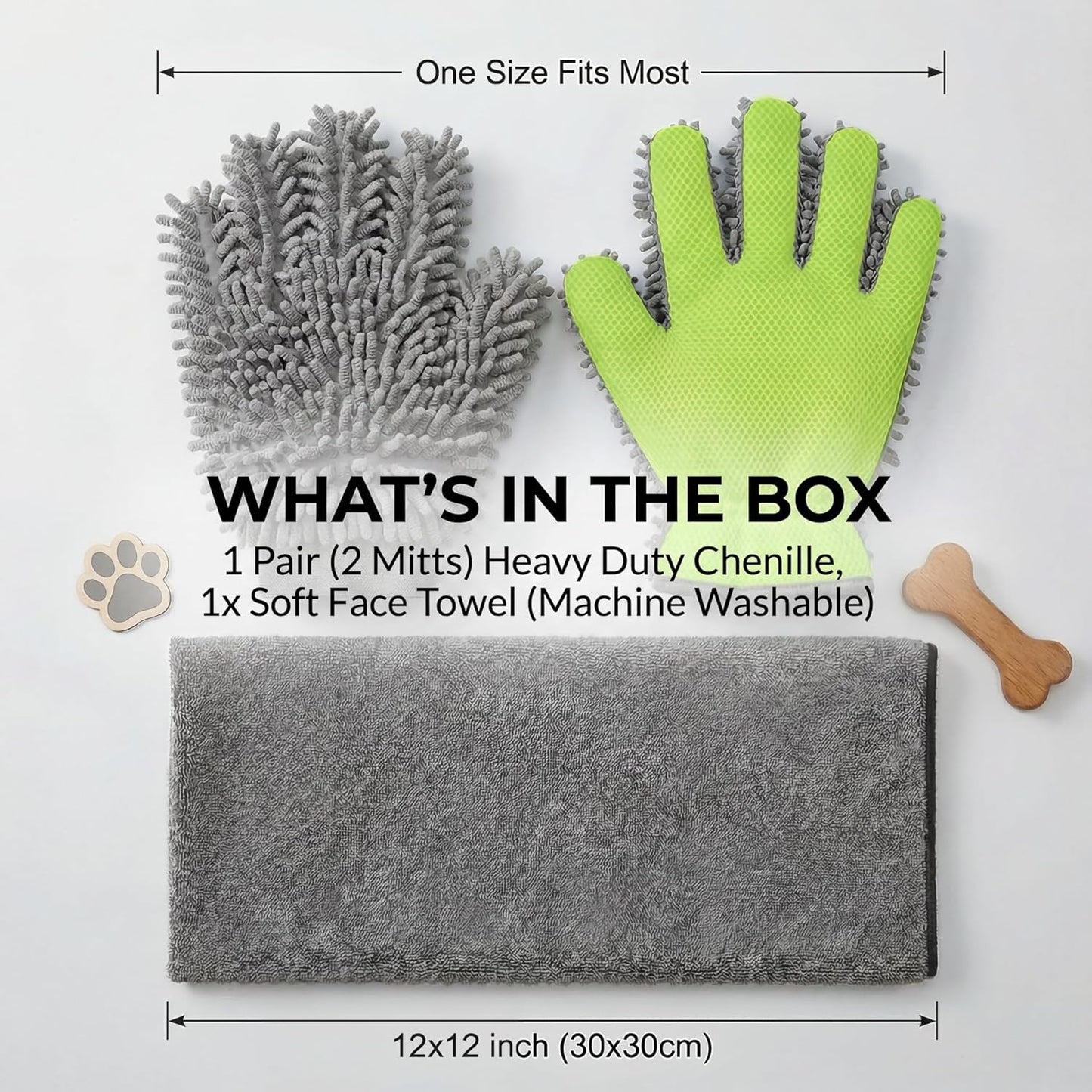 Dog Washing Gloves and Chenille Dog Drying Mitts, Dual-Sided Bath Sponge Alternative & Muddy Mitt for Paws, 3 Pcs Set (2 Gloves + 1 Towel)