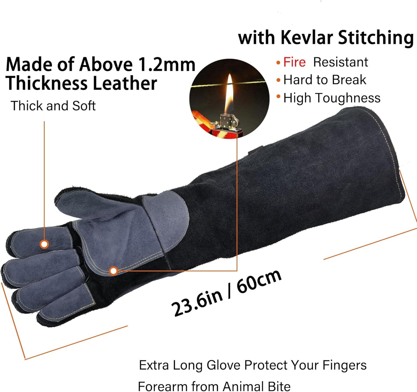 WZQH 23.6 In Leather Welding Gloves for Animal Handling,Grabbing Reptile, Grooming,Trips to Vet,BBQ,Fireplace.Puncture & Scratch Resistant, Bite Proof for Cat Dog Bird Falcon Livestock Snake L Black