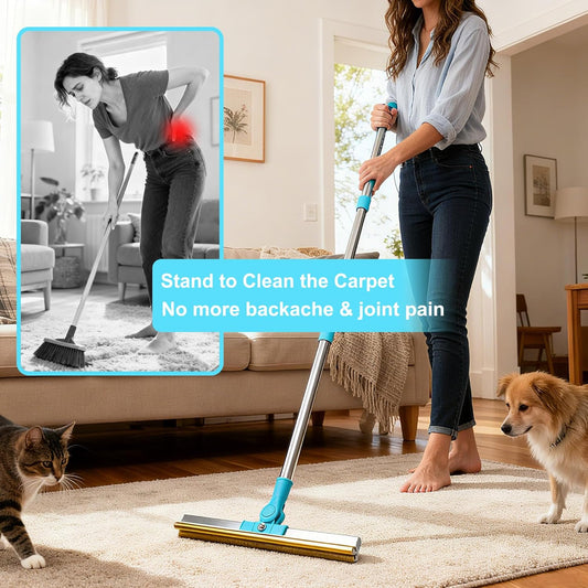 Carpet Rake for Pet Hair Removal Tool, 54" Long Handle Pet Hair Remover, 4 in 1 Carpet Broom Brush for Matted Rugs, Mats, Couch, Furniture and Car Interiors