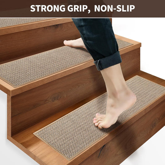 GROWLING Linen Stair Treads for Wooden Steps Indoor 30x8 inch, 15pcs Upgraded Self Adhesive Backing Non Slip Stair Carpets, Peel and Stick Stair Runner Rugs, Reusable Staircase Step Treads(Brown)