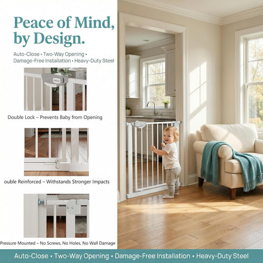 Safety Gate for Stairs & Doorways, Auto-Close Baby Gate or Dog Gate – Pressure Mount No Drilling, 30" Tall All Metal Frame with Dual Locking System (White, 30" Tall 29"-33" Wide)