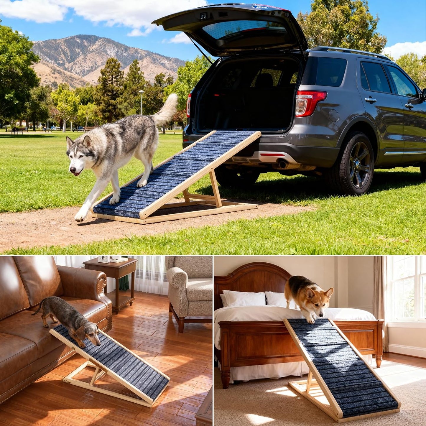 Adjustable Wooden Dog Ramp for Small & Medium Dogs, 27.6" Long x 11.8" Wide Portable Pet Ramp for Bed, Couch, Sofa & Car, Anti-Slip Carpet, Lightweight Foldable Indoor Outdoor Travel Dog Ramp