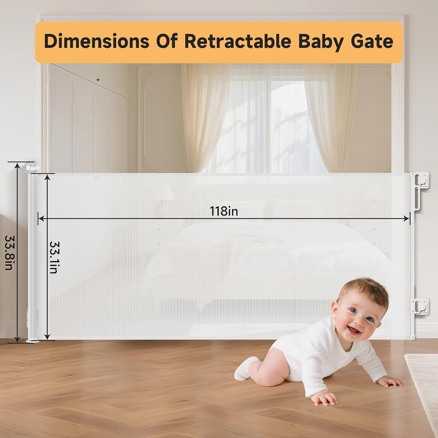 Retractable Baby Gate,55" Wide x 34" Tall Mesh Safety Gate for Dogs & Babies, Indoor/Outdoor Use for Stairs, Doorways, Hallways,Easy Installation Mesh Gate
