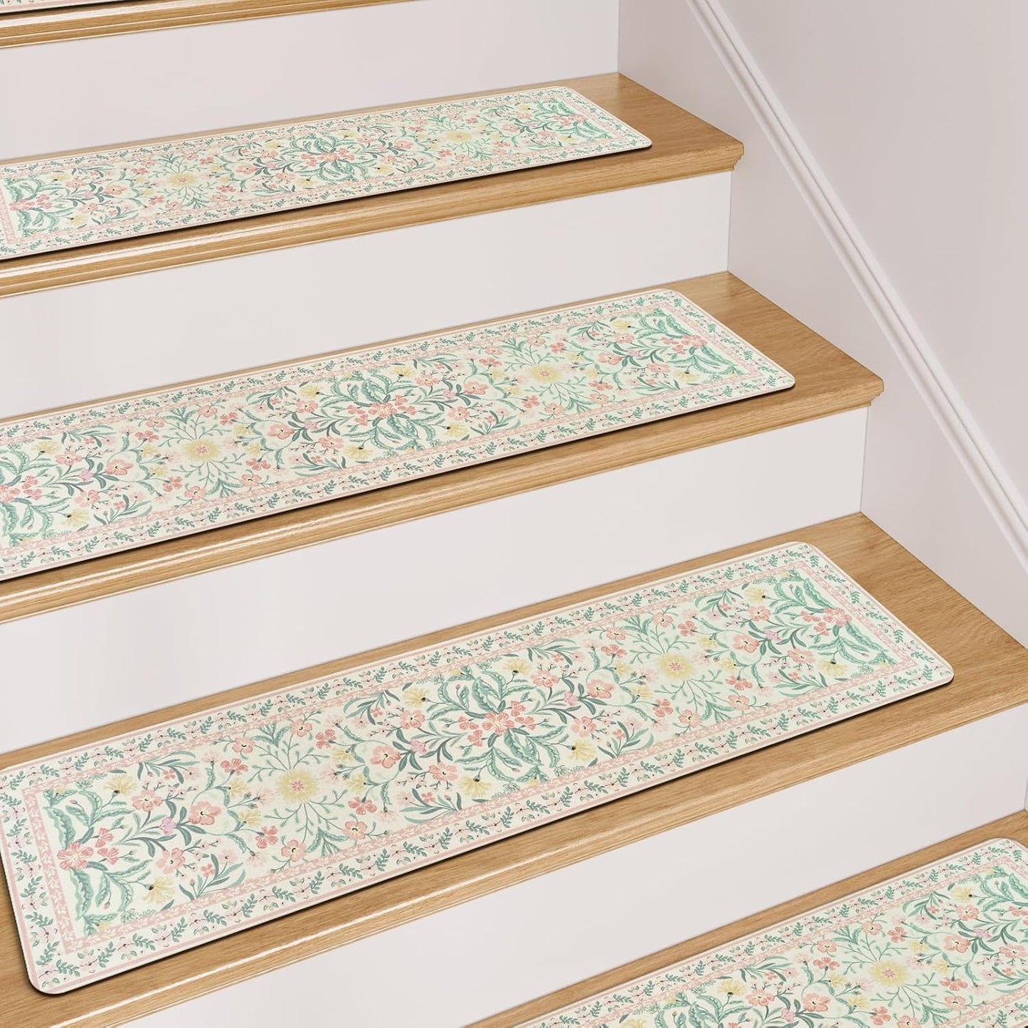 OJIA Floral Stair Treads Non-Slip Stair Runner for Wooden Steps Indoor 15PCS 30"x8" Carpet Stair Treads Stair Mats Staircase Step Treads for Kids, Elders and Dogs, Stair Covers, Black