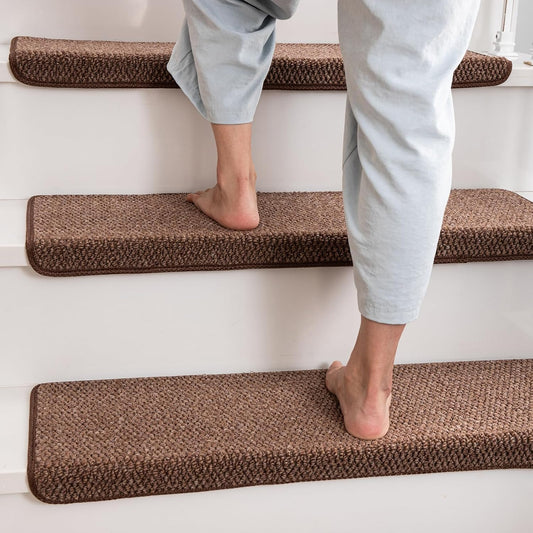 Bullnose Carpet Faux Sisal Stair Treads | Set of 14 | Stair Treads for Wooden Steps Indoor Anti Slip Braided Staircase Protector Pet Friendly Rugs Covers 9.44" X 29.5"x 1.9",Golden