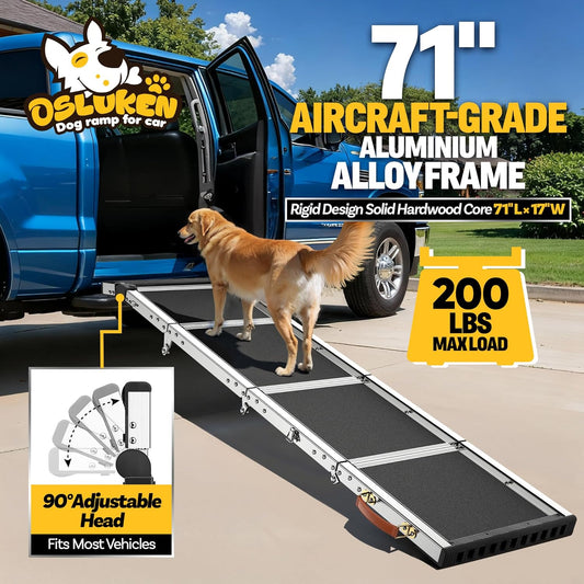 Foldable Dog Car Ramp for Large Dog (80-200 lbs), Extra L71” W17” Folding Pet Ramp with Heavy Duty Steel Hinges, Anti-Slip Outdoor Dog Ramps for Car SUV Truck Side Door (5 Folded)