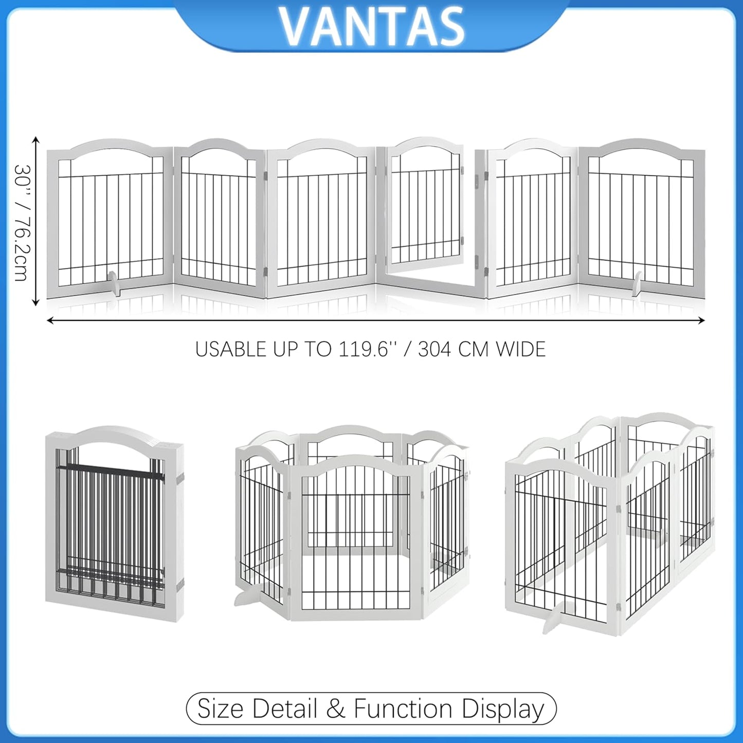 Vantas Espresso Wooden Folding Dog Gate 144" Wide x 30" Tall with Door, Freestanding Pet Gate, Pet Puppy Safety Fence