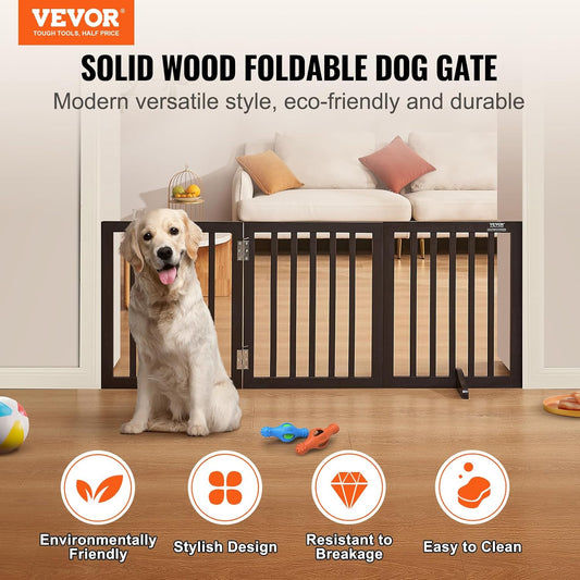 VEVOR Freestanding Pet Gate, Wooden 24" H x 80" W, 4-Panel Foldable Gate for Wide & Narrow Passageways, Expandable Dog Barrier with Silent Foot Support, White