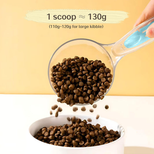 Multi-Function Pet Food Scoop – Dog Food Scoop and Cat Food Scoop with Bag Clip, Can Opener, Treat Squeezer – Easily Clean, 1 Cup Capacity