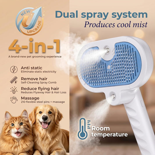 4-in-1 Pet Steam Brush for Dog & Cat with Dual Spray Nozzle | Shedding Hair Removal Comb with Waterless Shampoo, Self-Cleaning Grooming Tool for Anti-Static Skin-Friendly Use (blue)