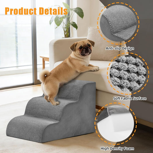 3-Step Dog Stairs for Small Dogs and Cats, 16in H Dog Steps for Couch, Sofa, Chair, Non-Slip Sturdy Pet Steps, Pet Ramp for High Bed Indoor