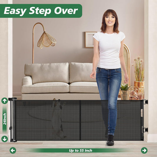 24" Tall X 120" Extra Wide Retractable Baby Gates, Short Dog Gates to Step Over, Reinforced Long Mesh Pet Gate with Support Rods, Small Puppy Gates for The House, Grey