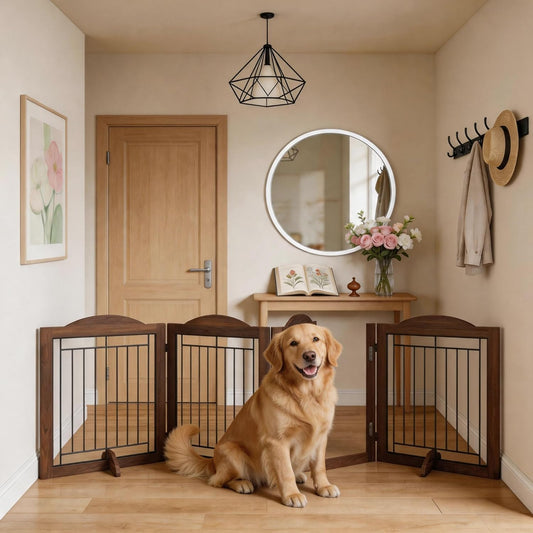 Vantas Espresso Wooden Folding Dog Gate 144" Wide x 30" Tall with Door, Freestanding Pet Gate, Pet Puppy Safety Fence