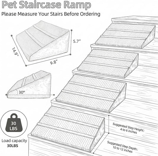 Dog Ramp for Stairs - Dog Steps-Anti-Slip Foam Stair Wedges for Small & Senior Dogs,Gentle Slope Pet Steps with Washable Corduroy Cover, Self-Sticky Pads for Safe Climbing (Gray,2-Pack)