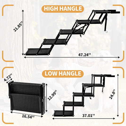 Dog Stairs for Car - Foldable 5-Step Non-Slip Pet Stairs for Home, Lightweight Dog Steps for Senior & Small Dogs to SUV, Truck, Bed - Supports 200 lbs