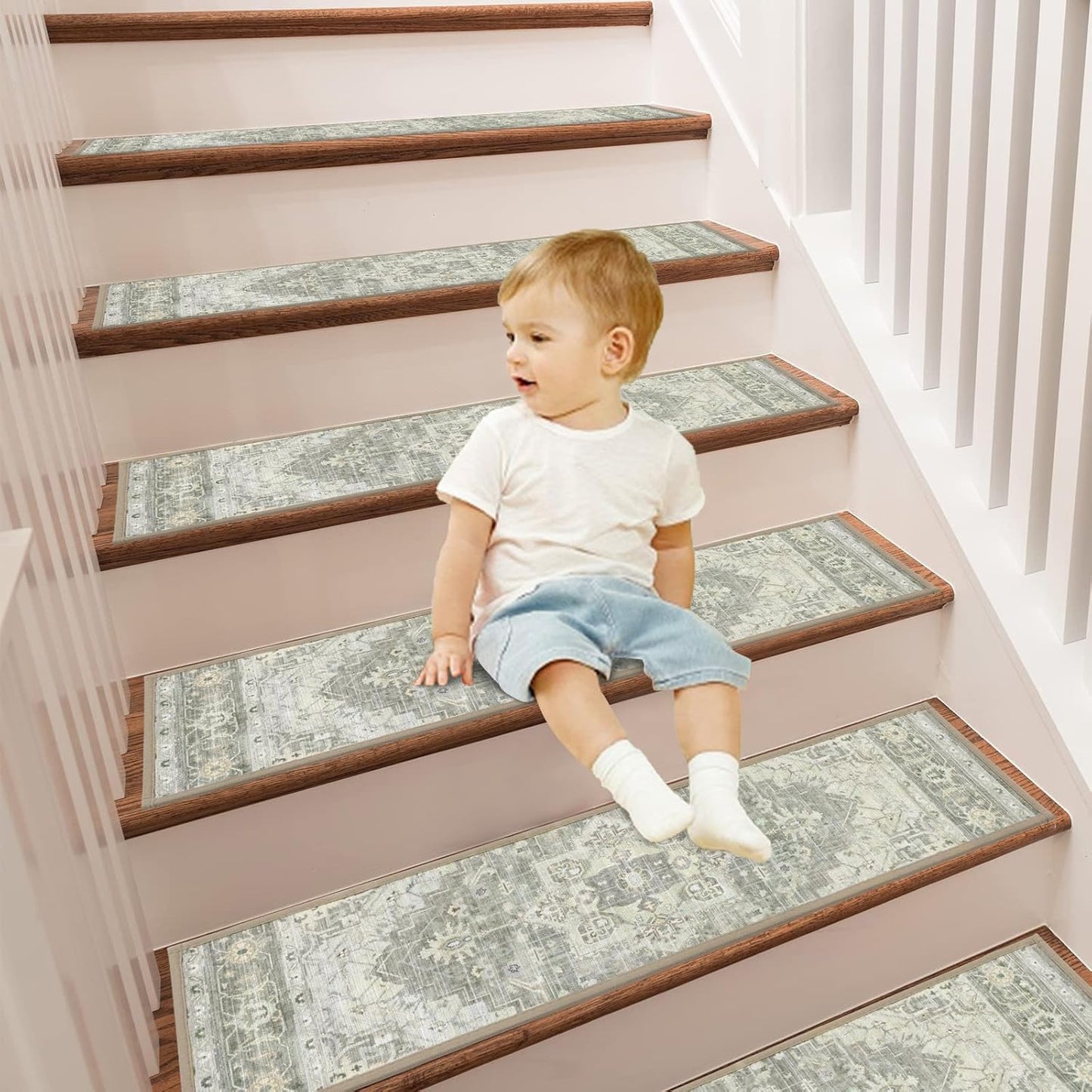 Pauwer Carpet Stair Treads for Wooden Steps Indoor 15 Pack 8" X 30" Peel and Stick Stair Treads Non Slip Staircase Step Treads Reusable Stair Runner Rugs for Dogs, Kids and Elders