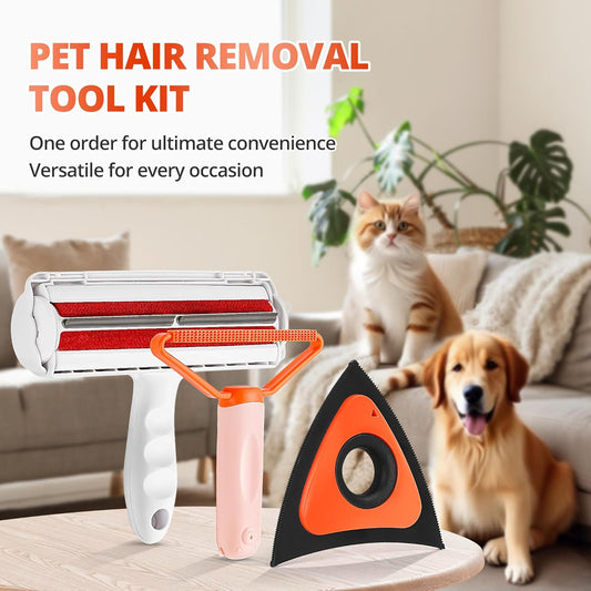 Pet Hair Removal Tool Kit,Cat and Dog Hair Remover for Couch Furniture Carpet Fur Lint with Reusable lint Roller Car Brush and Small Carpet Rake Scraper