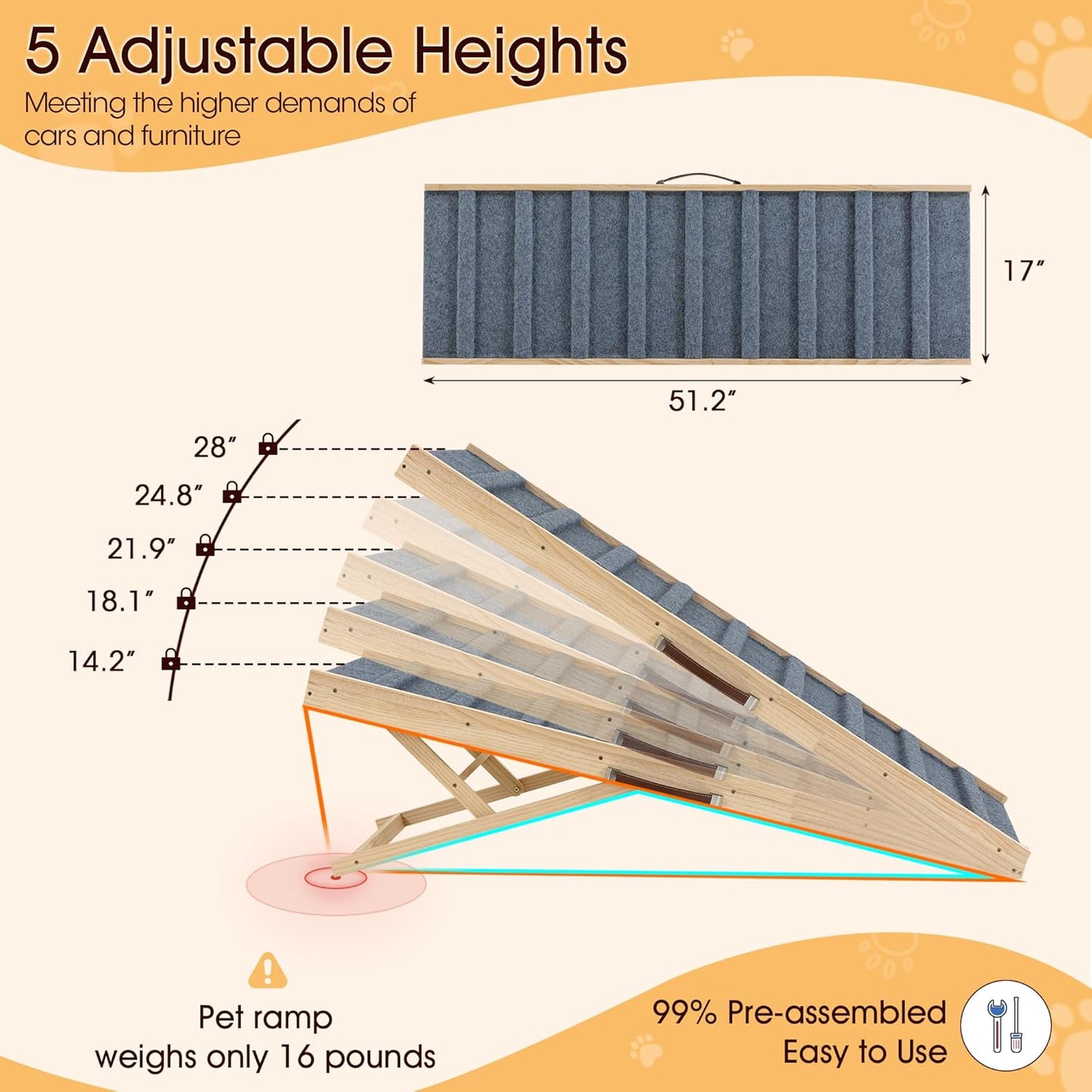 Dog Ramp for Bed, 39.4" Long Wooden Pet Ramp for Small & Large Dogs, 4 Adjustable Heights 12.2" to 22" with Anti-Slip Carpet & Carrying Handle Holds, Portable Dog ramps for Car, Bed, Couch, Outdoo