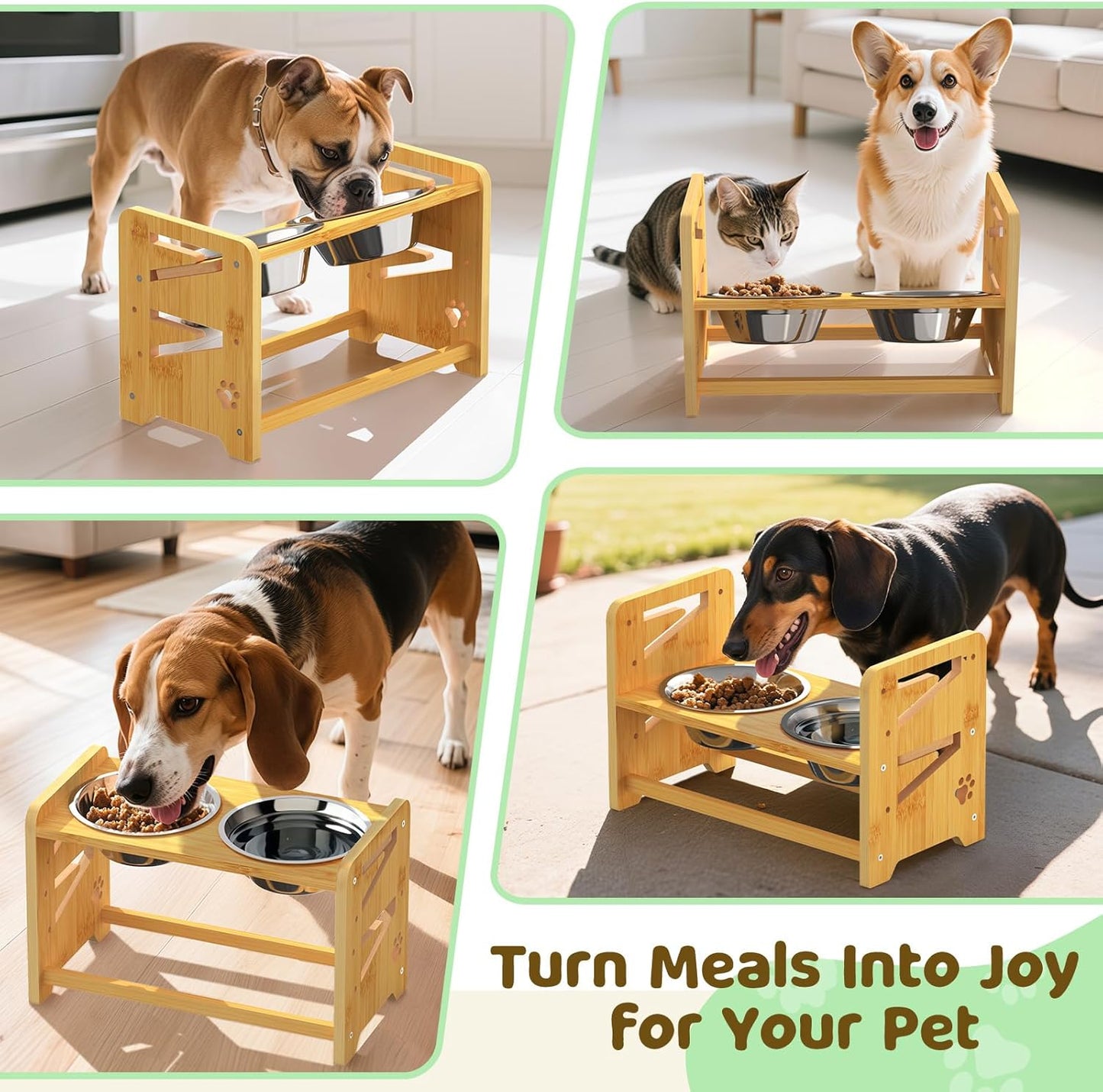 Elevated Dog Bowls, Adjustable Raised Dog Bowl Stand for Medium and Small Dog, 11" High Bamboo Pet Food Feeder with 2 Stainless Steel Dishes(4 Heights)