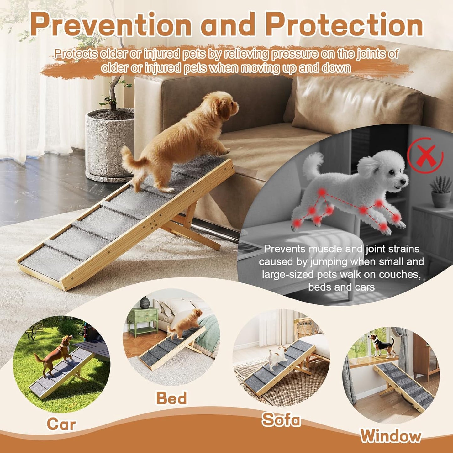Adjustable Dog Ramp for Car with Anti-Slip Rug and 4 Height Levels for 7.7" to 15.8", Folding Dog Steps Doggie Ramp Pet Stairs for Couch, Car, Bed Stairs, Portable and Bearing 200LBS