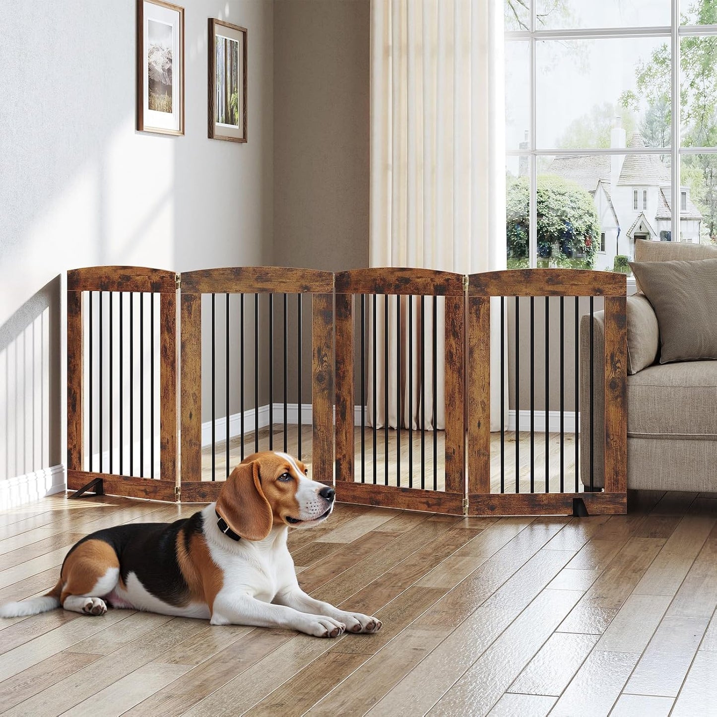 HOOBRO Indoor Dog Gate with Support Feet, Freestanding Pet Gate for Doorway, Stairs, 31.5 Inch 3 Panels, Folding Dog Fence, 360° Hinge for Easy Access, Sturdy Iron Pipe, Rustic Brown BF06PP03