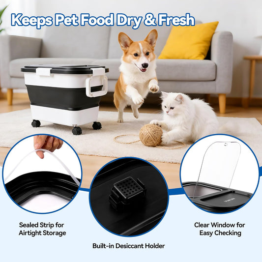 Dog Food Storage Container 30-40lbs, Airtight Pet Food Bin with Locking Lid & Clear Window, Collapsible Rolling Storage Container with Wheels & Scoop, Gray