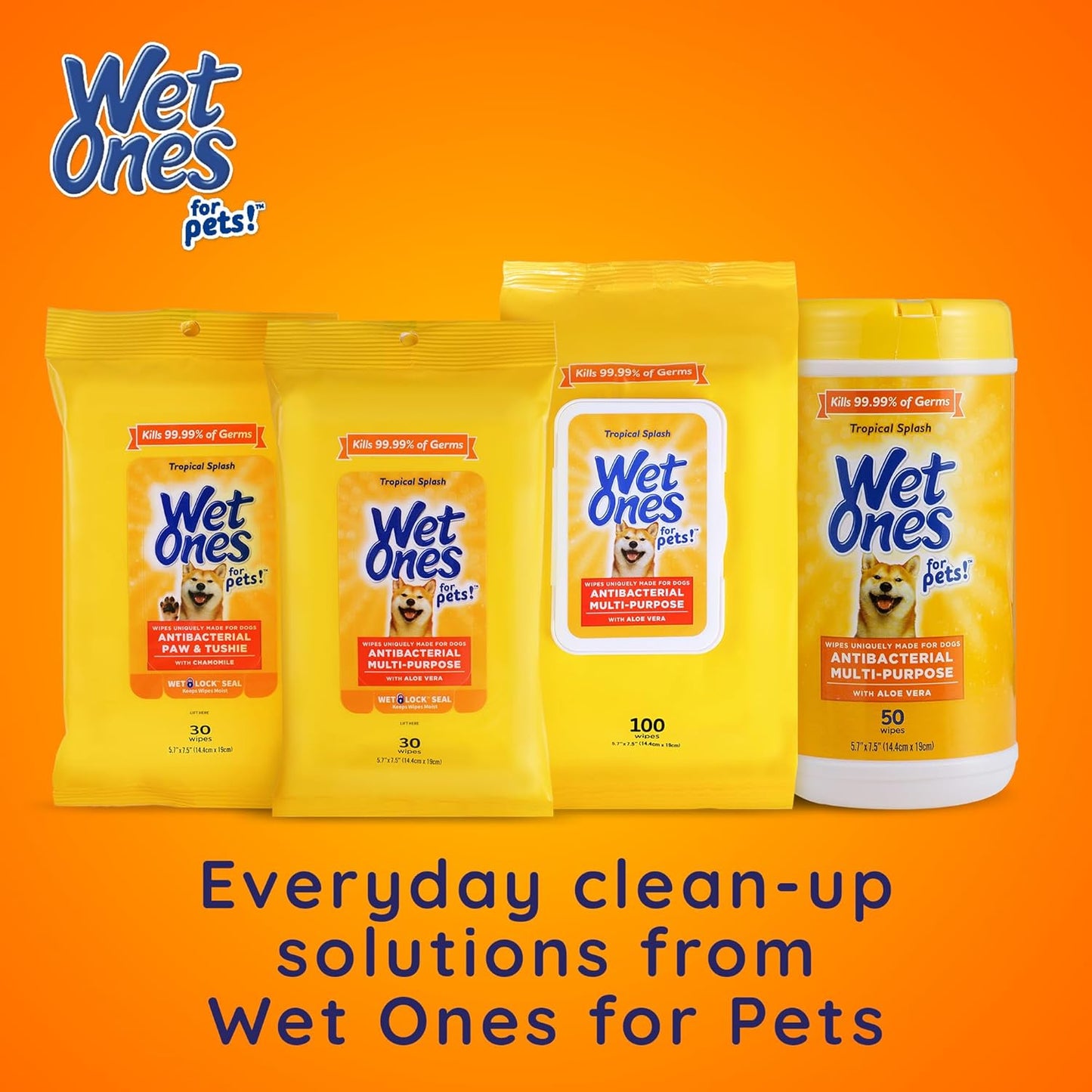 Wet Ones for Pets Antibacterial Heavy Duty Dog Paw Wipes with Tropical Splash Scent - Kills 99.99% of Germs, Thick Durable Disposable Paw Wipes for Dogs, 50 Count