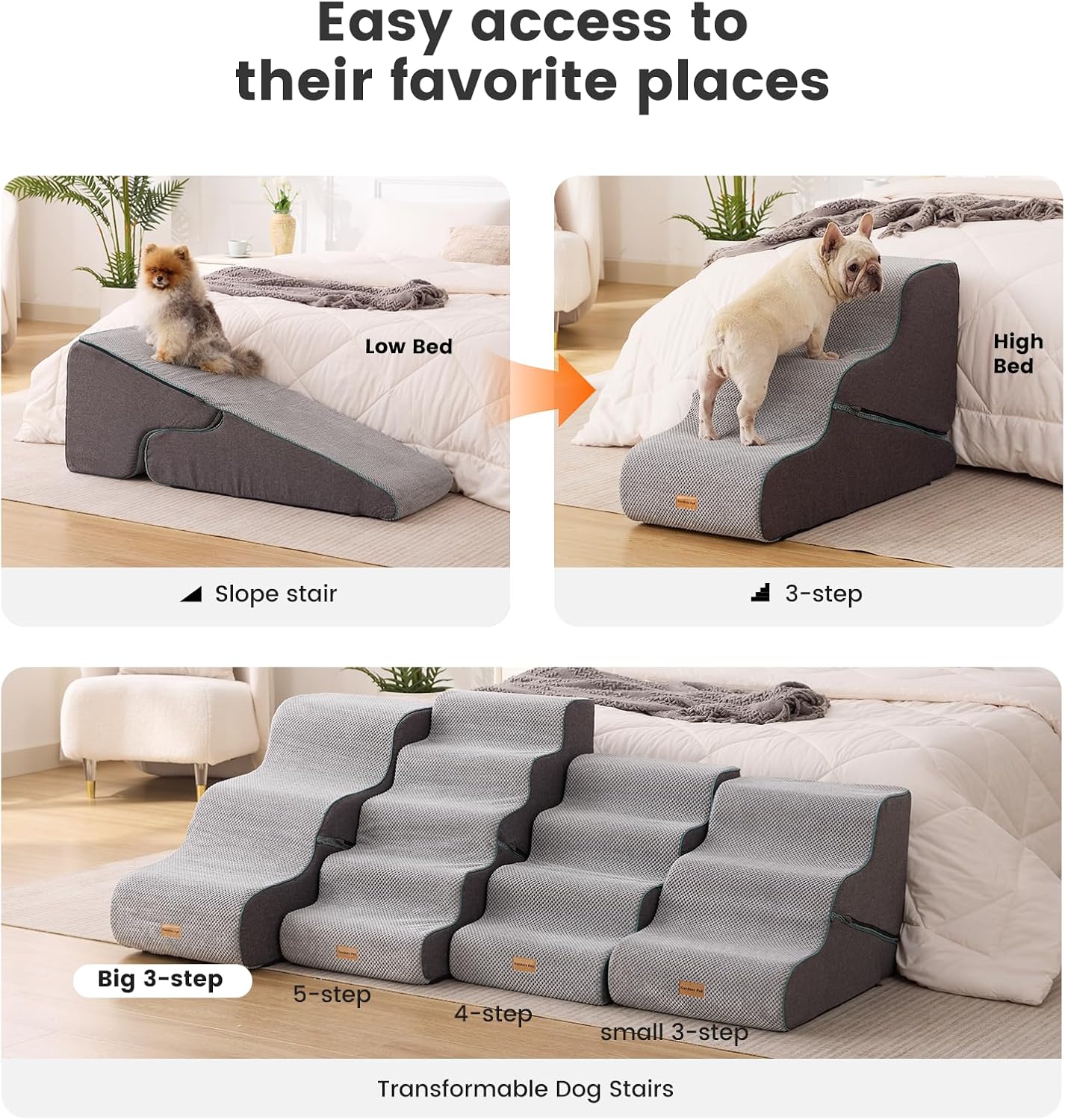 Gardner Pet 4-Step Dog Stairs for Small Dogs 18.5" H, Curved 4-Step Pet Stairs, Dog Steps for High Bed (18-20 in), Couch with Durable Non-Slip Waterproof Fabric Cover and CertiPUR-US Certified Foam