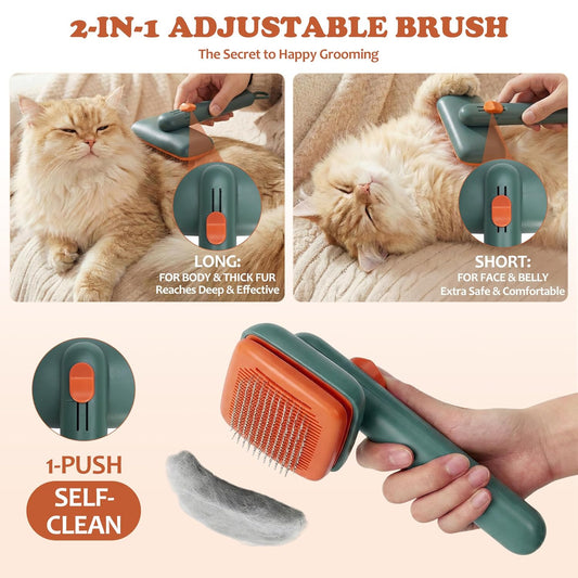 Self Cleaning Slicker Brush,2-Level Adjustable Dog Brush for Thick Undercoat,Golden Retriever,Border Collie,Poodle,Long Haired Summer Shedding(Green)