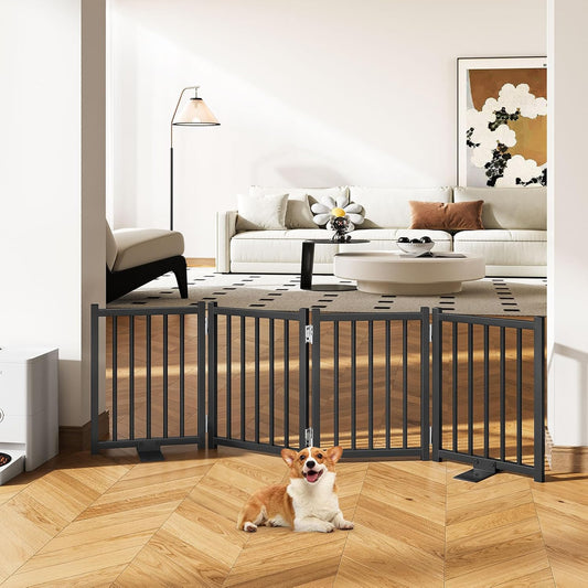 Snughome Short Dog Gate Indoor, 16" High Freestanding Small Dog Door Gates with Support Feet, Expands Up to 48’’ Wide Foldable Pet Gate for Doorway, 4 Panel Folding Pet Door Pet Fence for Puppy, White