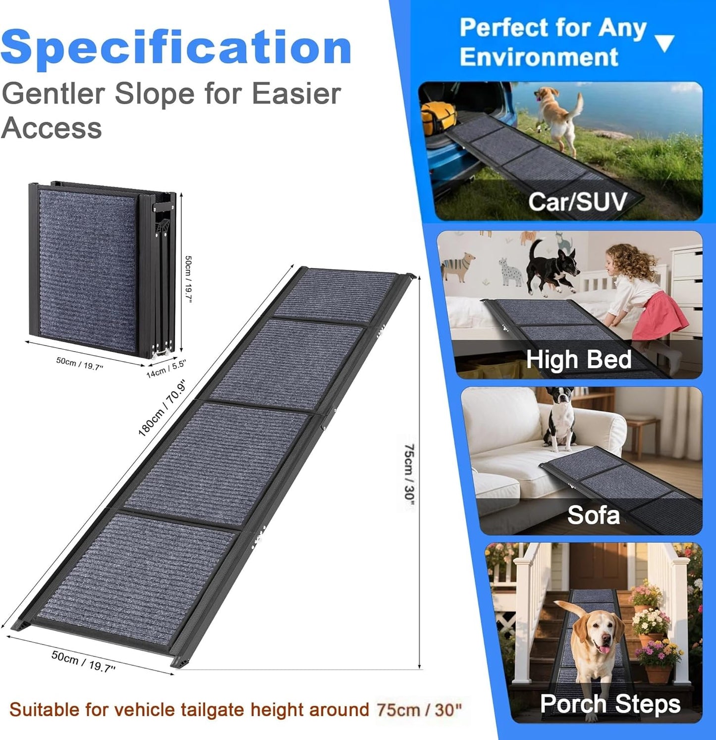 COSIEST Dog Ramp for Car, 63" L x 17.3" W Folding Pet Ramp for Large Dogs Up to 250LBS, Portable Dog Steps with Non-Slip Surface for SUV, Bed, Couch
