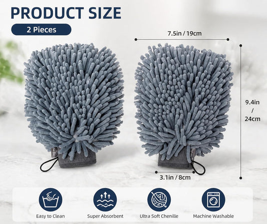 Super Absorbent Dog Dry Bath Gloves, Chenille Microfiber Pet Dirty Dogs Grooming Glove, Suitable for All Dog Breeds, For Wiping Wet Paws and Bodies, Machine Washable 2 Pack