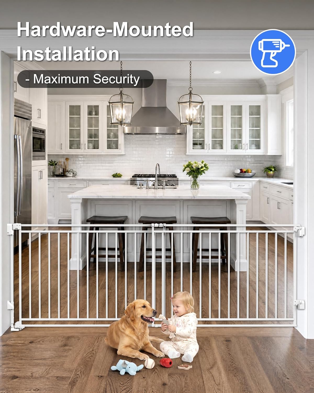 Betertek 45-80" Extra Wide Baby Gate for Large Openings-No Bottom Bar&Extra Wide Walk Thru Door, Chew&Impact Resistant Metal Heavy Duty Dog Gate, Hardware Mount Safety Indoor Extra Long Pet Gate