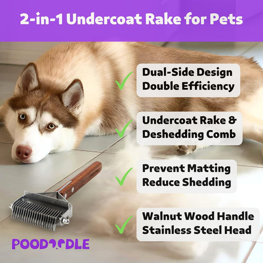 2 in 1 Undercoat Rake for Dogs and Cats, Professional Grooming Brush Dematting & Shedding Comb to Remove Loose Hair, Matted Fur Efficiently, Perfect for Poodle, Doodle & All Long Haired Pets