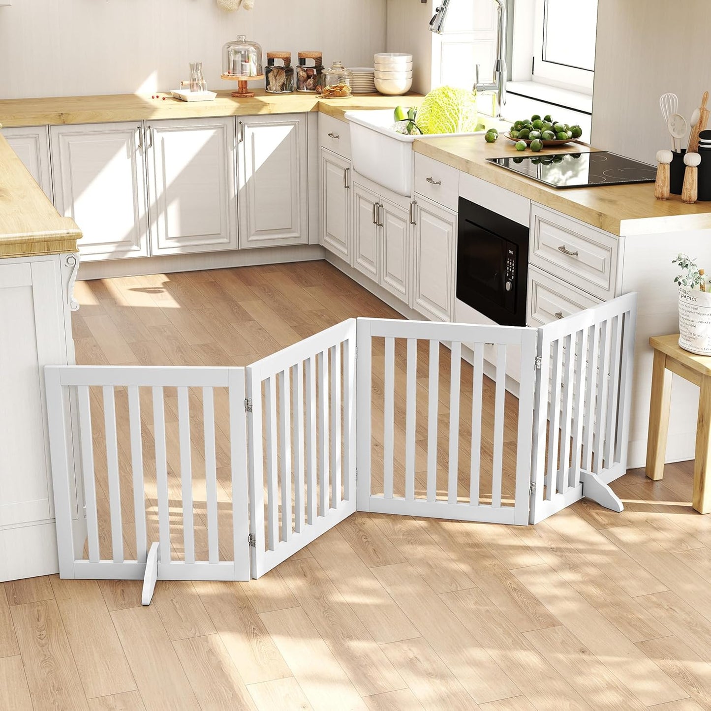 PUPETPO 24”H Freestanding Wooden Pet Gate, Dog Gate for Stairs, Doorways, and Hallways, Step Over Foldable Pet Fence for Indoor Use, Support Feet Included, 60 inch Wide 3 Panels, Grey