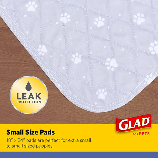 Glad for Pets Washable Dog Pee Pads, Medium, 24 x 36 Inch, 2 Count, Gray with Paw Prints, 3-Layer Leak Protection, No-Slip Vinyl Bottom, Reusable Puppy Training Pads