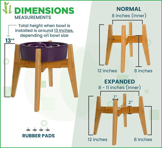 Dog Bowl Stand (14-inch High) - Ideal for Large Breeds, Use to Elevate, Raise Pet Dishes, Water Fountains and Slow Feeders - Adjustable Sideways, Bamboo - (Bowls not Included)