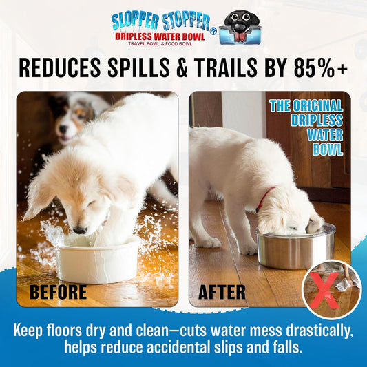 Slopper Stopper Stainless Steel Dripless Water Bowl with Tritan Plastic Lid – Holds 1 Gal, Reduces Spills & Trails Up to 85%+, Water Bowl for Large Breed Dogs (51-85 lbs), The Original Slobber Stopper