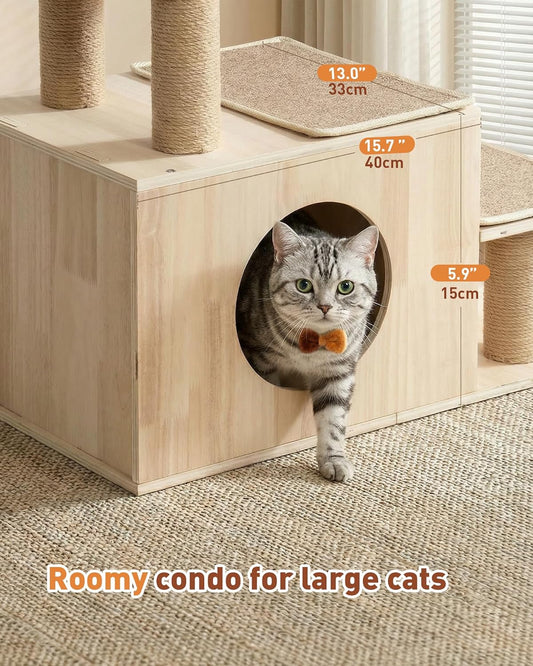 3-in-1 Pet Stairs for Cats, 7.87" Depth Pet Steps for Cat, Wood Cat Stairs for High Bed and Sofa, 1 Condo Cave, Scratching Post, Sturdy Indoor Pet Stairs with Non-Slip Carpet Pads