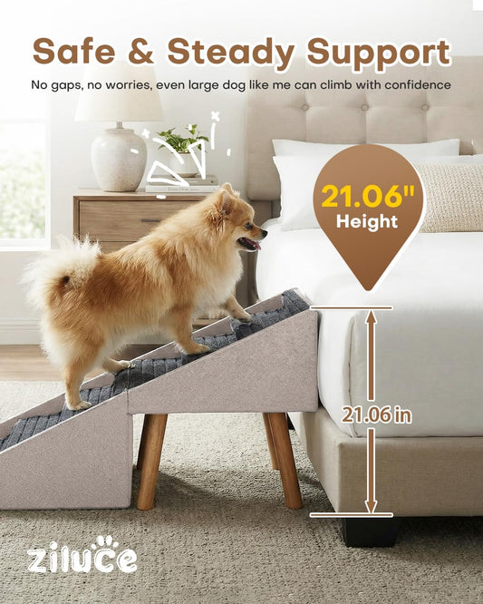 Dog Ramp for Bed & Couch, Dog Stairs 21.06 inches High for Large/Medium/Small Doggie, Foldable 2 in 1 Wooden Pet Steps for Puppy Older and Injured Dogs, Split Ottoman Design, No-Slip Surface