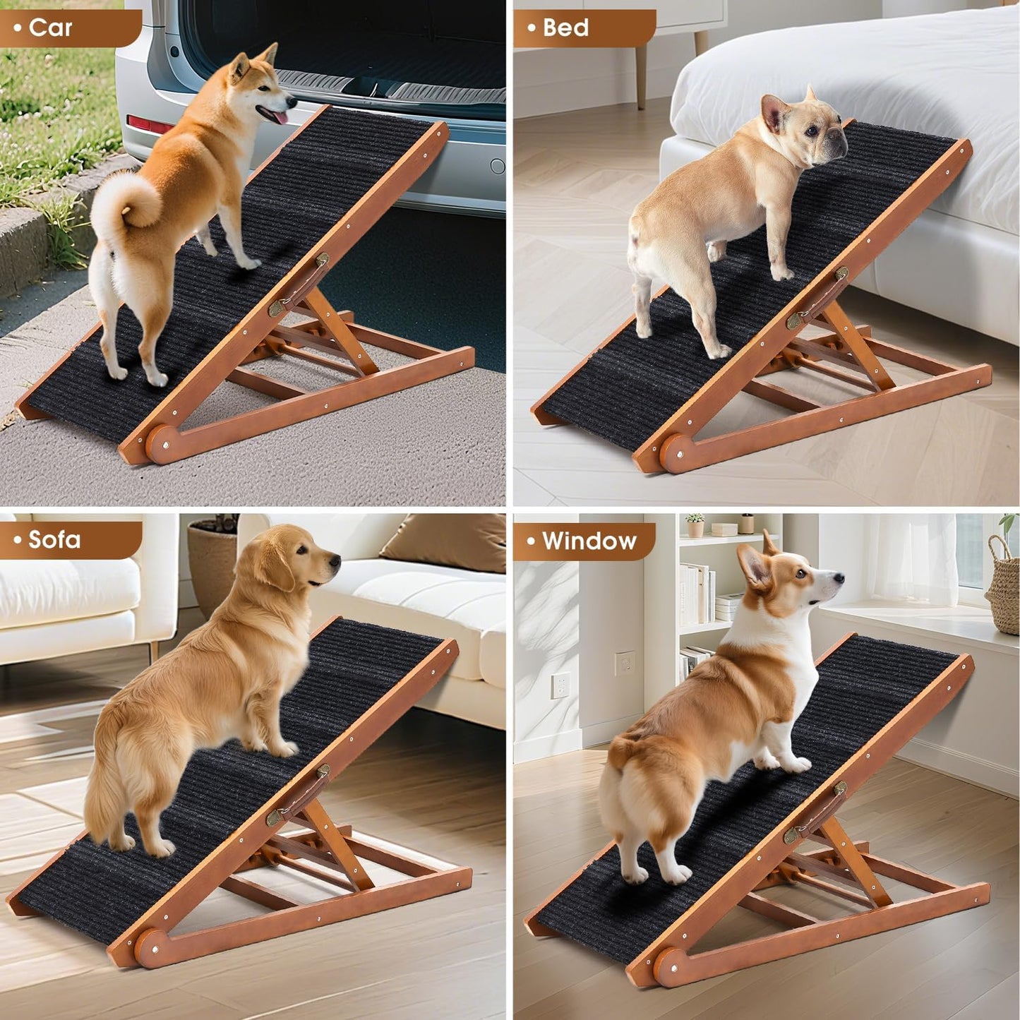 Dog Ramp for Bed - Foldable Small to Large Dog Ramp for Couch - 6 Adjustable Height from 12" to 24" - Stairs with High Traction Mat - Wooden Portable Ramp for Dogs to Get on Bed Couch Car Up to 200LBS